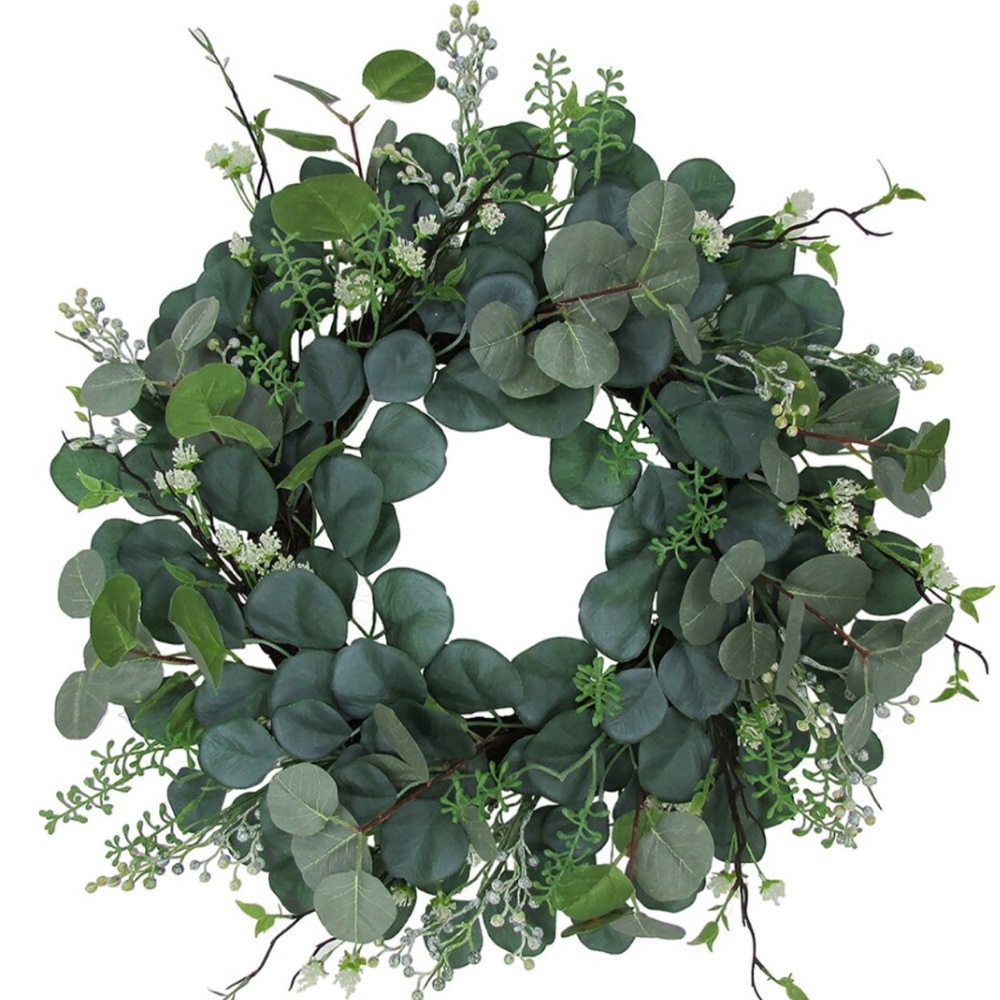 HD HOME NWT  faux Eucalyptus/Berry Spiral Vine Wreath -24”